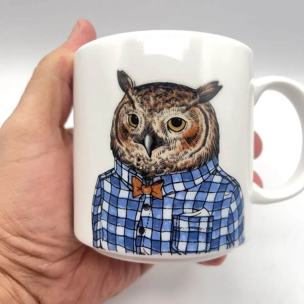 West Elm Rachel Kozlowski White Ceramic Dapper Owl Bow Tie Coffee Tea Mug Cup